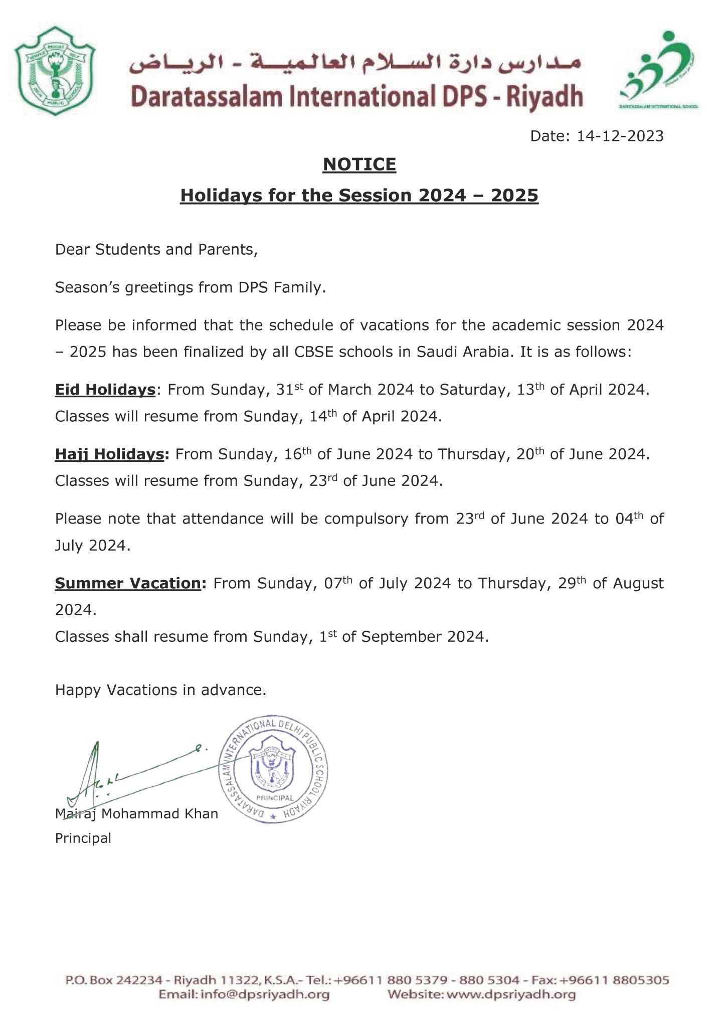 Vacation Schedule 2025 2025 DPS Riyadh